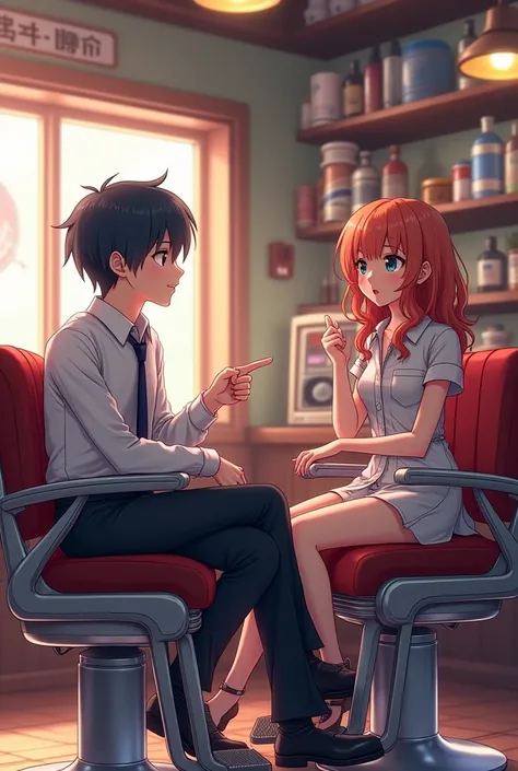 Anime characters at a barbershop talking to each other.