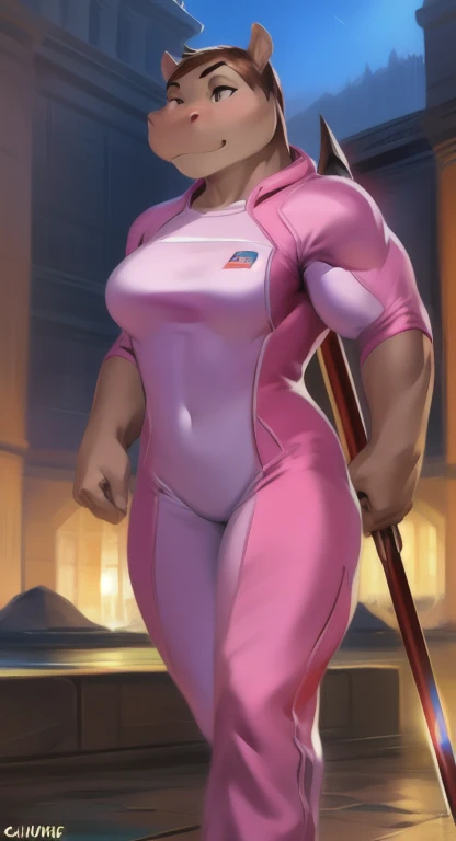     alone    , feMale tall   , อยู่บนถนน ,She holds a ninja warrior spear., hippo ,     Pink military spacesuit, Overload  ,    Binding muscles  , quiet , by chunie    