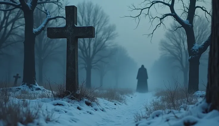 A snowy graveyard at twilight. A lone, weathered cross marks Rasputin’s grave, surrounded by mist and bare, twisted trees. In the distance, a faint figure resembling Rasputin’s silhouette stands, watching silently.