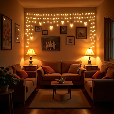 A string of glowing heart-shaped fairy lights hanging in a cozy living room, casting a warm glow over family photos and treasured mementos, representing warmth and cherished memories