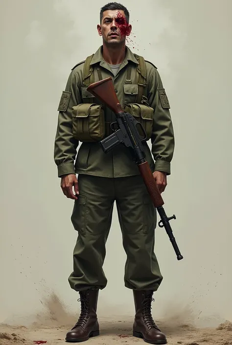 a soldier standing straight. Got shot on the left side of his head and due to impact his body seems falling on the right side. Front view angle