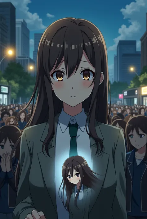 Create a image 
The girl reports about the death of a girl with the brown hair and news spread all over the city anime style 
Also add people crying 
