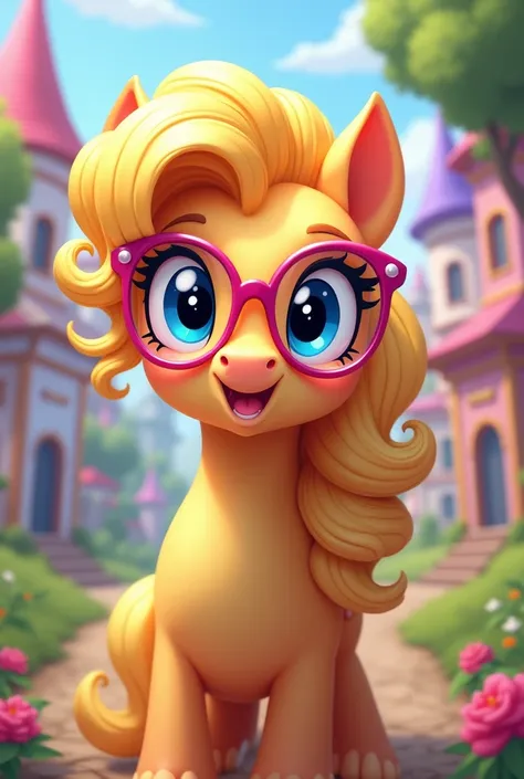 Pony from my little pony with blond curly hair blue eyes and pink glasses