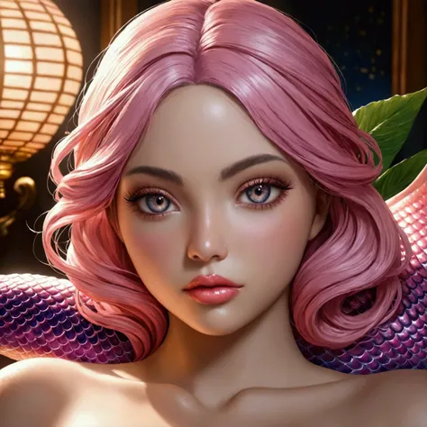 Mermaid girl, salmon-colored hair, black eyes, fair skin, curvy body, shells bra, fish tail, pink scales, beautiful detailed eyes, beautiful detailed lips, extremely detailed face and eyes, long eyelashes, high quality, 8k, realistic, photorealistic, maste...