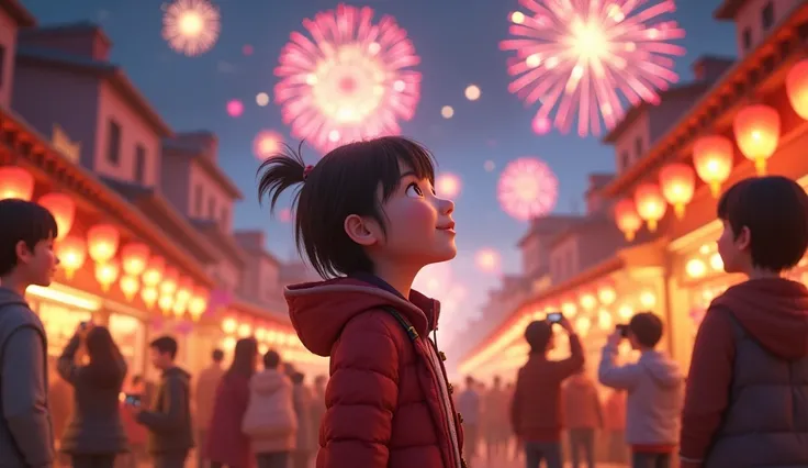  Under the 3D animation-style New Year fireworks

Lin Jia stands in the middle of the crowd and looks up at the night sky， The fireworks bloomed into colorful flowers ， Her expression was both happy and emotional 。Friends around her cheered and took pictur...