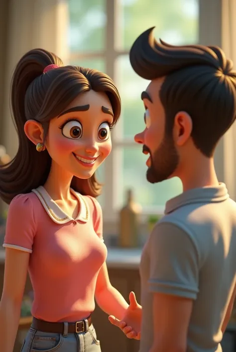 The woman, smirking with an amused expression, saying, Because animal is a longer word! The husband is shown looking surprised and a bit embarrassed, with the background reflecting their humorous conversation.
Generate in cinematic 3d cartoon style