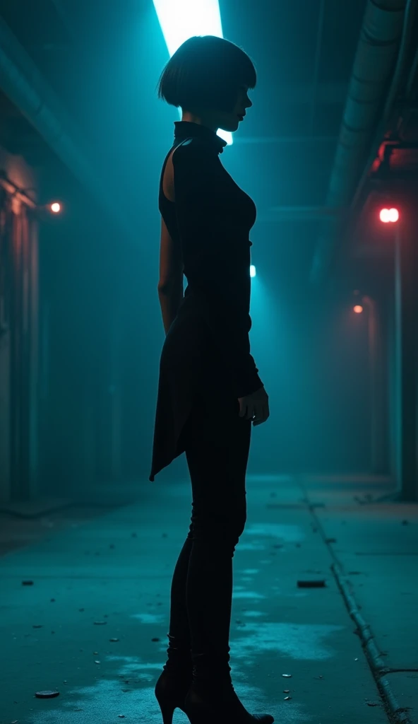 A dramatic, high-fashion figure stands in a dark environment illuminated by soft, cool blue lighting, casting faint shadows. The model has a striking, futuristic appearance with a sharp, angular black bob hairstyle. . . The lower half consists of sleek bla...