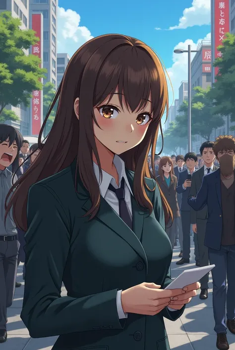 Create a image 
The girl reports about the death of a girl with the brown hair and news spread all over the city anime style 
Also add people crying 
Make the reporter sad 
