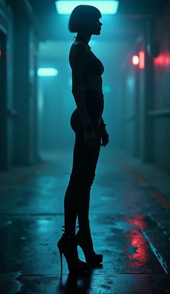 A dramatic, high-fashion figure stands in a dark environment illuminated by soft, cool blue lighting, casting faint shadows. The model has a striking, futuristic appearance with a sharp, angular black bob hairstyle. . . The lower half consists of sleek bla...