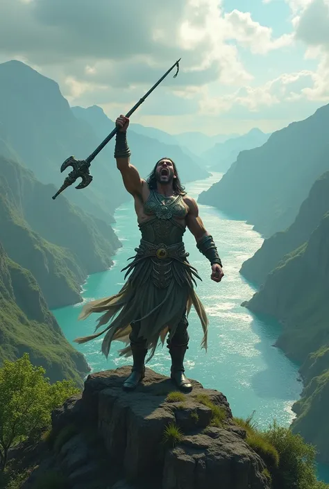 (Best Quality)A warrior standing upon a hill and holding a rod shouting ahhhhhhhh,then an over floating river will be at the Background 