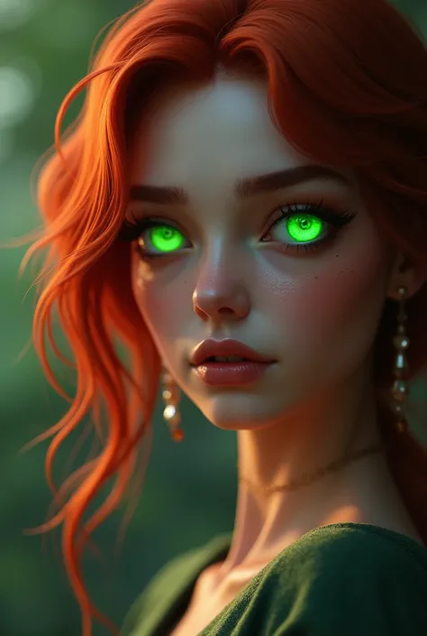 there is a woman with red hair and green eyes posing for a picture, digital art inspired by Emma Andijewska, zbrush central contest winner, digital art, green glowing eyes, with red hair and green eyes, bright accurate green eyes, with stunning green eyes,...