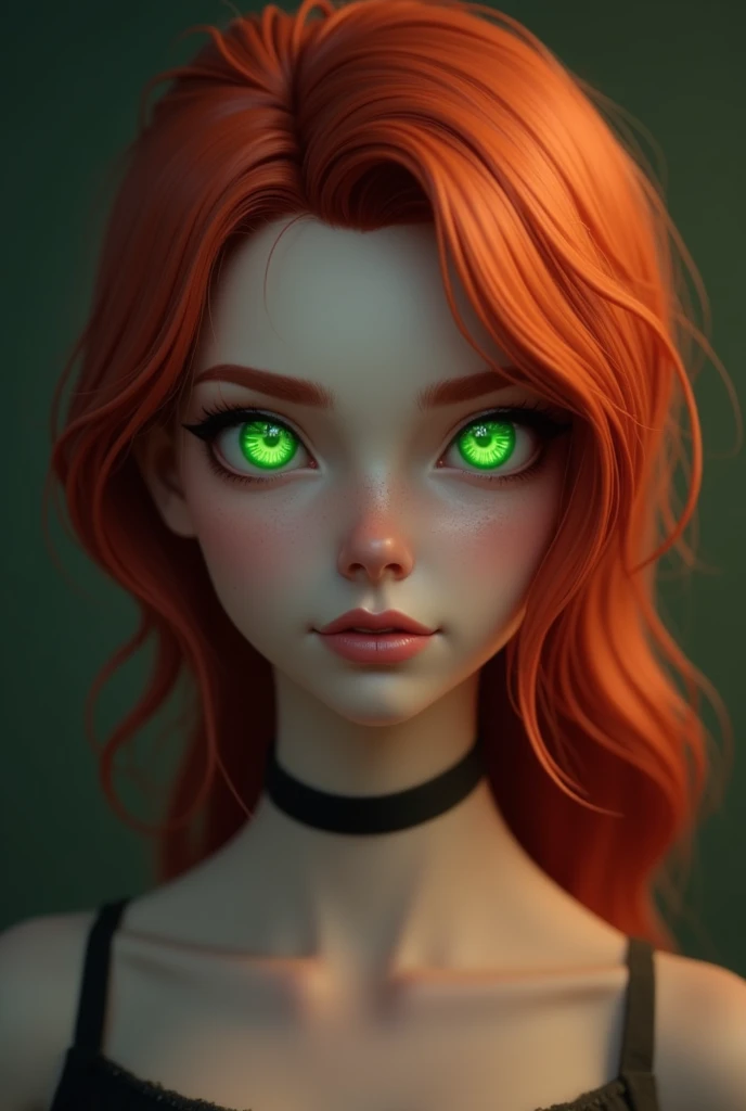 there is a woman with red hair and green eyes posing for a picture, digital art inspired by Emma Andijewska, zbrush central contest winner, digital art, green glowing eyes, with red hair and green eyes, bright accurate green eyes, with stunning green eyes,...