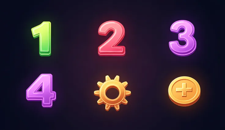 mobile app game clean colorfull shiney icon set in casino style, number 1 icon, number 2 icon, number 3 icon, number 4 icon, cog icon, coin icon, the background is dark, 