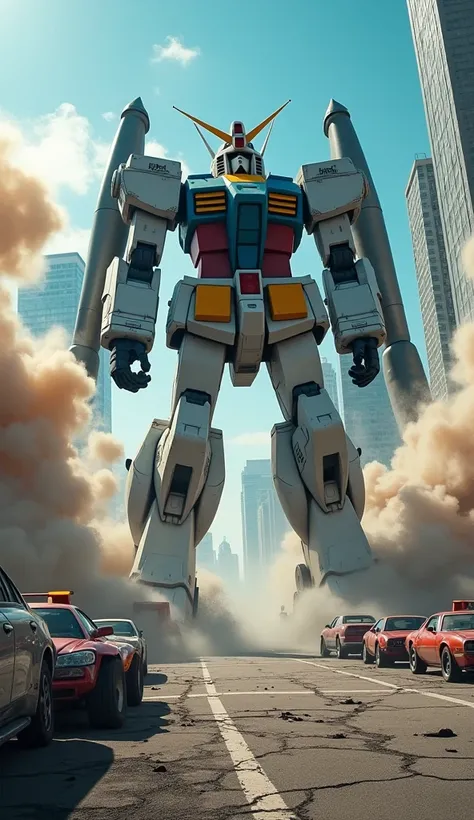 Gritty urban chaos unfolds as a behemoth Gundam Mecha armor with giant jetpack on the shoulders, is crashes to earth behind the flyover near skyscrapers from a dramatic low-angle perspective., causing massive wave and blasting a massive dust smokes. Amidst...