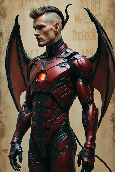  a mans buzzcut hair braided one with a small size down all the way to the neck, horned and tailed devil,  has a pair of devil-like wings , Handed cyborg , wearing an ironman uniform, background inscription  "A GHOST YOU SEE" (the writing must be correct, ...