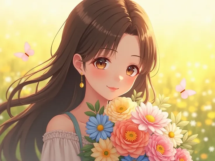 A young woman with long, flowing brown hair, expressive eyes, and a gentle smile, cradling a vibrant bouquet of flowers.  Soft, pastel colors, predominantly yellows and pinks, create a warm, gentle atmosphere.  The flowers are detailed with realistic textu...