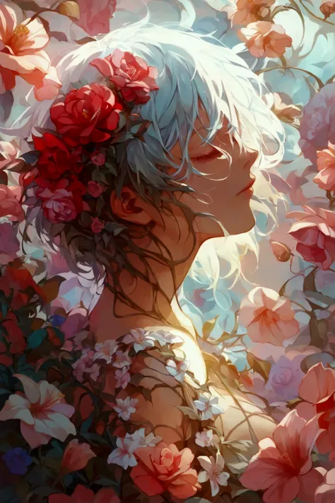 surrounded by flowers, entangled flowers, decadent, ephemeral, obsolete, curse, haze 