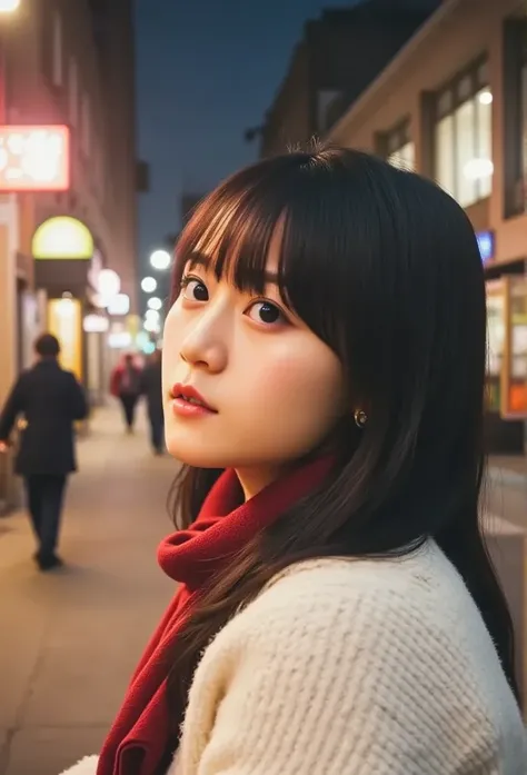  one girl , 、Japanese Gravure Model, ( cute little , a beauty girl, profile:1.2), Modest and big ,  𝓡𝓸𝓶𝓪𝓷𝓽𝓲𝓬,( beautiful Christmas night scene and snow :1.2), ( look up at the Christmas tree:1.5)、(Wear a fluffy white wool sweater :1.2), (  a night town wit...