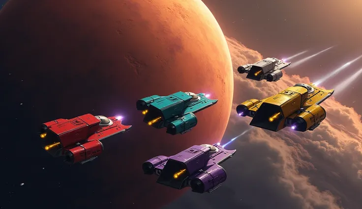 five spaceships of different colors flew to the huge brown planet from different directions