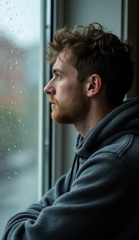 A 38-year-old in a fleece hoodie, gazing out of a window with raindrops on the glass.