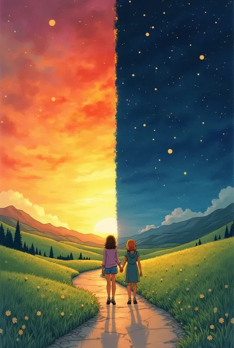 "A split-scene drawing: one side vibrant sunrise with two figures walking a path, the other side dark night sky with many stars, whimsical style, nostalgic feeling"