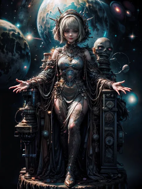 Outer space, tv on, sunshine yellow, grainy, eerie environment. creepypasta is a scary entity in the form of a girl with very big eyes and a scary smile...in the style of elson peter, diego dyer, peter mohrbacher, karol bak.focus on 1 full body frame. focu...