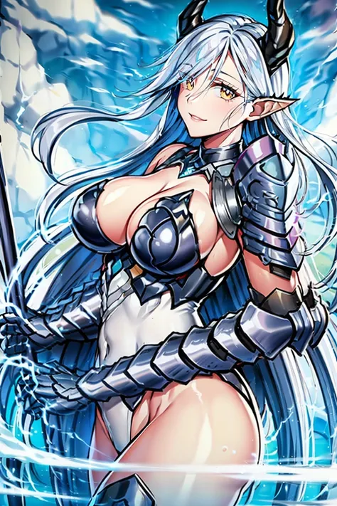 armor, leotard, shoulder armor, cleavage cutout, leotard, breastplate, gauntlet, thig high boots, detachable collar, large breasts, cleavage, long hair, white hair, yellow eyes, beautiful, horn on side head, masterpiece, masterwork, super fine illustration...