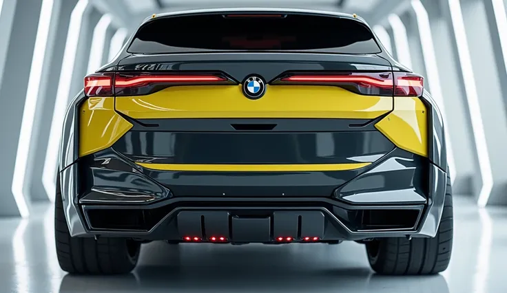 "An image of the 2025 BMW X8 , showcasing a yellow and black SUV. The focus is on the rear of the vehicle, with the BMW logo clearly visible. The taillights feature a modern and sporty design, and the lower part of the vehicle includes a diffuser with addi...