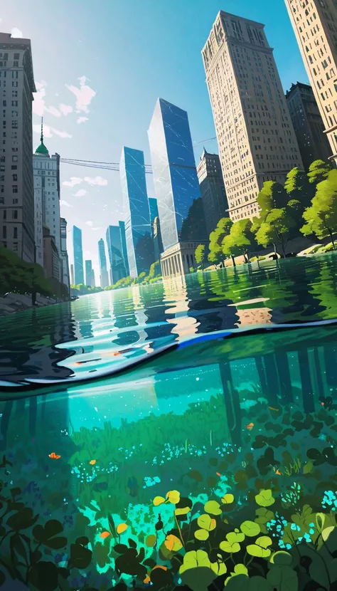 2D Art, Anime Landscape,  Calm Atmosphere ,blue sky,Glass Skyscrapers ,Submersion,Sea Level Rise ,In the water,lake, high quality illustration, artstrationでtrend入り,  wide angle shot , Flat Paint,  illustration art, ILYA KUVSHINOV STYLE ,  mathematical art ...