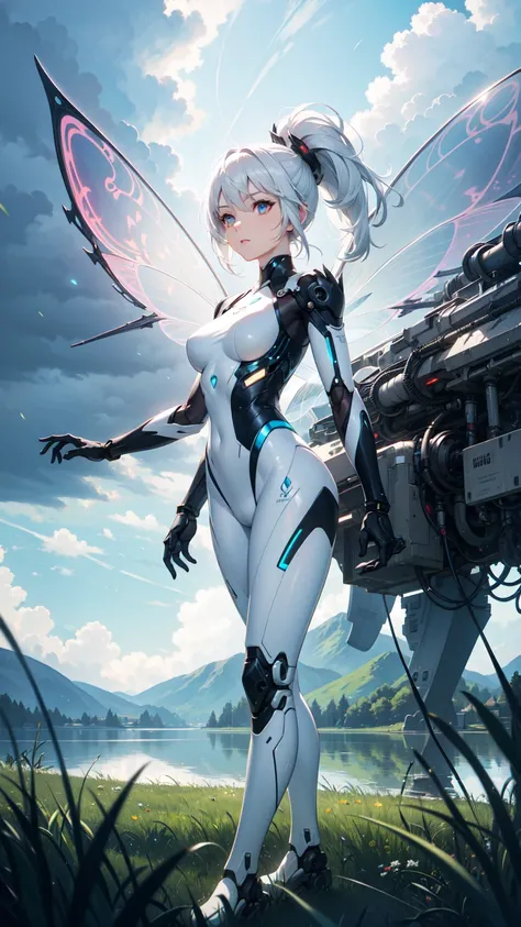 a female android,athletic,white hair,porcelain,tight bodysuit,white plastic,see through,ornate,(joints:1.1),wires,(mechanical parts),FeyFa,fairy wings,sky,storm clouds,grass,lake,lights,