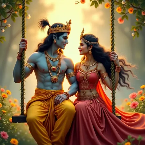 Create a beautiful, mesmerizing romantic image of krishna and radha sitting and swinging on swing . krishna wears beautiful yellow gold dhoti, jewellery and crown with hair open and radha wears red lehenga with beads on it, pearl jewellery and crown with o...