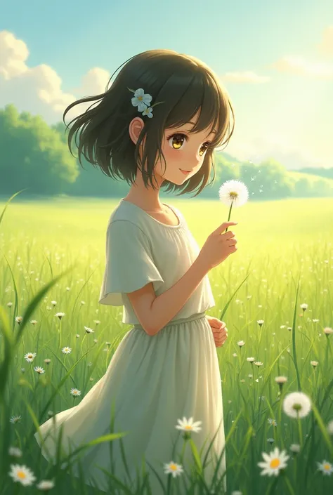 a  holding a dandelion in a field, realistic anime style at pixiv, realistic anime art style, pinterest anime, by Lilia Alvarado, realistic cute girl painting, by Tan Ting-pho, kawaii realistic portrait, cgsociety 9, by Mark Arian, by Li Song, realistic an...