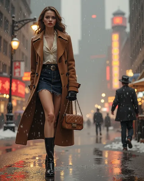 the forties of the twentieth century, young slender sexy woman walking down the street in the rain with a coat on, in city street, on a rainy day, in the rain, snowy and rainy day, rainy mood, at a city street, rainy streets in the background, pretty girl ...