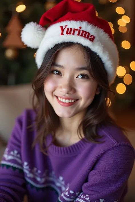 Young woman wearing Christmas hat with the name Yurima wearing purple Christmas sweater 