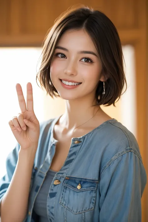 
A high-quality, close-up portrait of a young woman with sleek brown hair styled to one side, giving a charming smile while holding up a peace sign. The lighting is soft yet vibrant, with a circular light source in the background adding a studio-like effec...