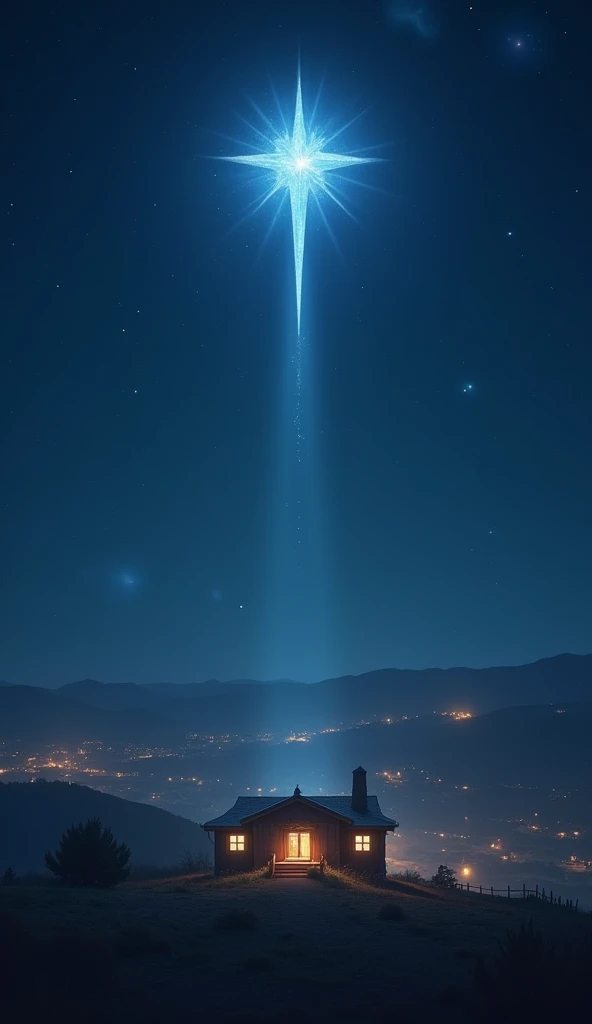 La estrella de Belén iluminando el cielo nocturno:
"A hyper-realistic image of the bright star of Bethlehem shining in a clear night sky, casting its light over a peaceful town in the distance. The focus is on the stars brilliance and the serene atmosphere...