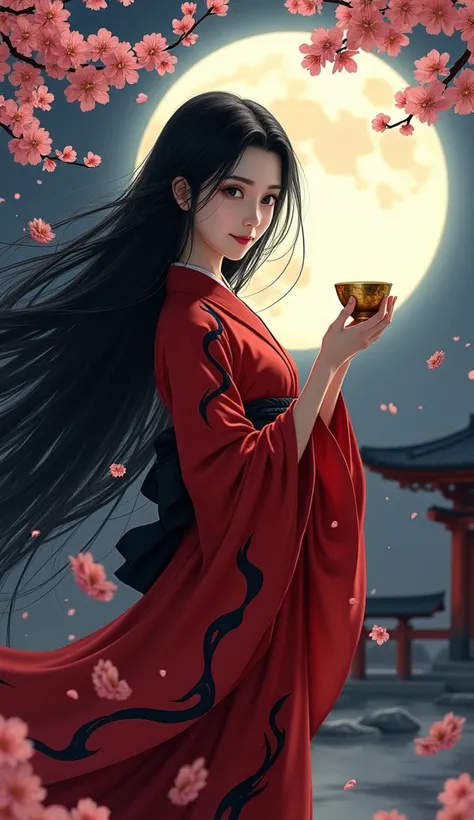 
On a full moon night, before an ancient shrine, an enchanting woman with long black hair flowing in the wind wears a red kimono adorned with black flame patterns. She smiles softly while raising a golden sake cup. Though she appears entirely human, her ey...