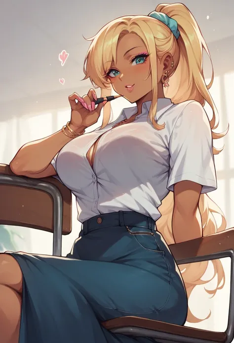 gyaru.girl.japanese.cute.2d.nsfw.glamorous, voluptuous, long ponytail hair.shirt.long skirt.sitting chair.with pen.low angle shot.