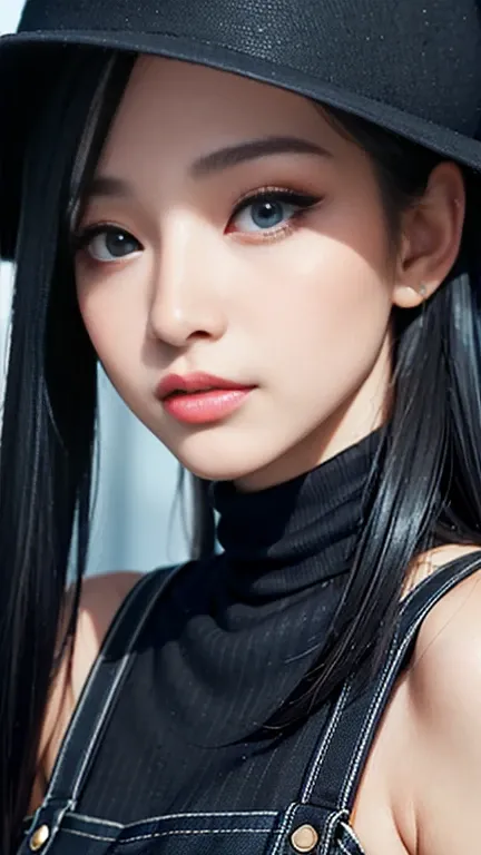  Obla Prima ,  best quality,  beautiful young woman, Sparkling blue eyes, ( Black hat with details of : 1.2),  eyelash , Beautiful light black hair,  striped hair, MULTI-CORE , Mid-length hair,  perfect face,  All the details, 16k、Wearing overalls、