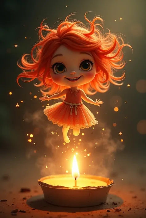  one girl。 Little cute girl 。 appeared from the small fire of a candle、(Fire Fairy)。 look at the viewer 。Fiery red hair。 wild smile in sunlight 。Fly around on a candle fire。