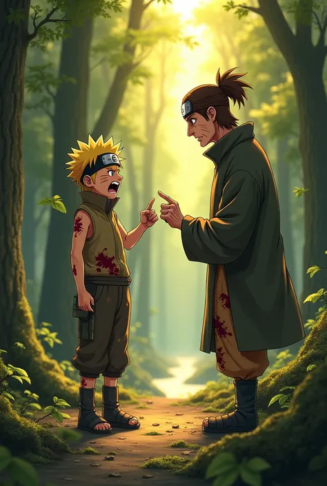 Naruto e iruka-senei, HQ,  In a dense forest illuminated by the golden light of the sun ,  filtered by the tops of tall trees ,  two characters are at the center of an intense moment of discussion .  The youngest boy ,  with spiky blond hair and a stubborn...