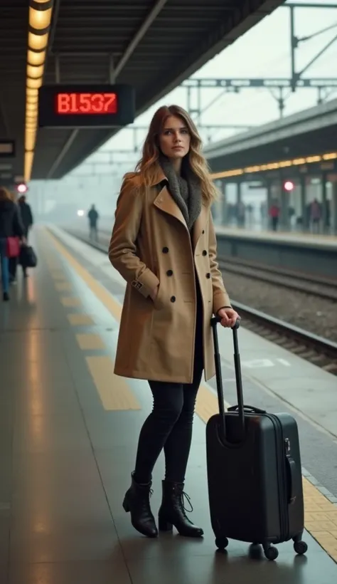 A 37-year-old woman in a trench coat, standing at a train station with a suitcase.