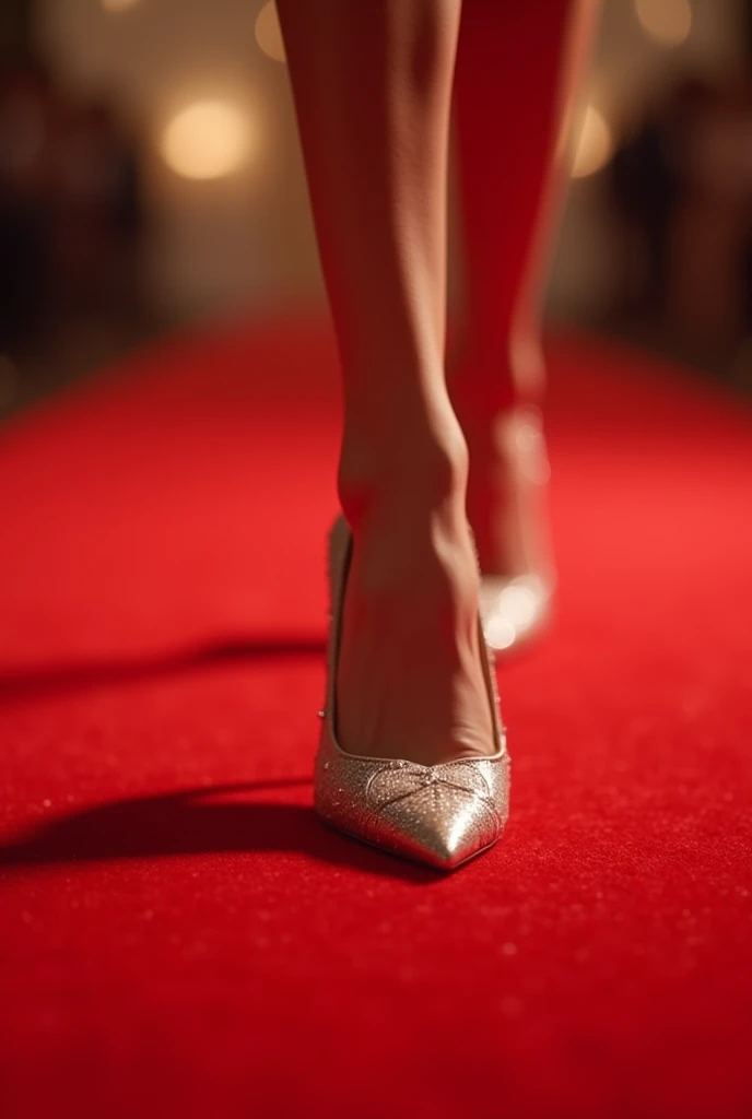 
A pair of elegant womens shoes walking on a red carpet.
