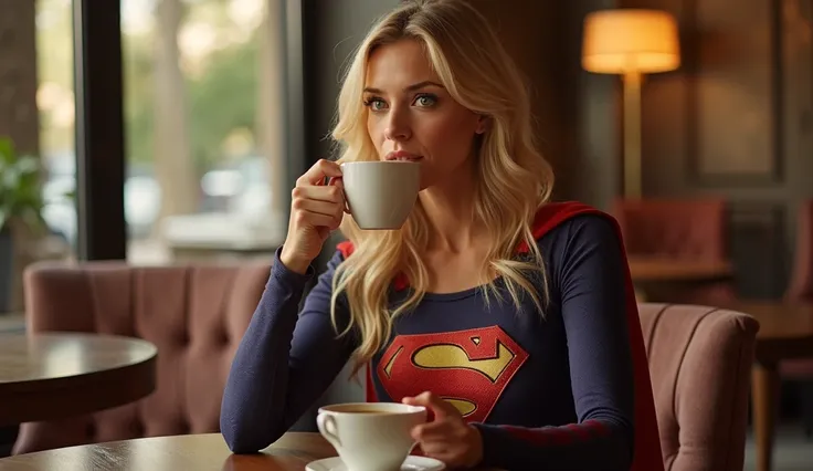 A 30-year-old blonde woman in Supergirl clothes drinking coffee at one of a luxury hotel , A very sexy scene   , movie style