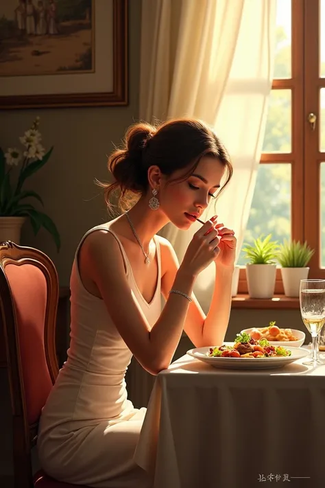 Une dame assis sur une table à manger et qui mange tranquillement dans son coin