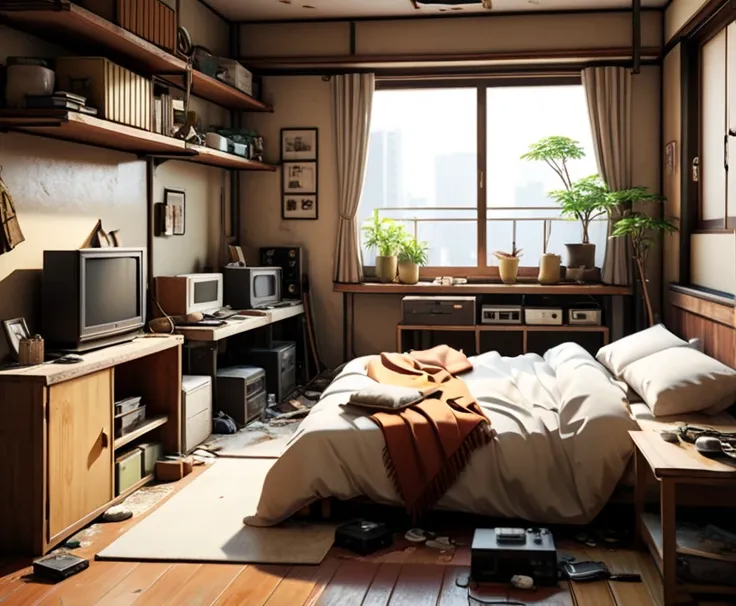 a cheap japanese apartment interior, small room, messy interior, unmade bed, cluttered shelves, worn furniture, dusty floor, natural lighting, minimalist decor, old electronics, soft lighting, slightly dilapidated, (best quality,8k,highres,masterpiece:1.2)...