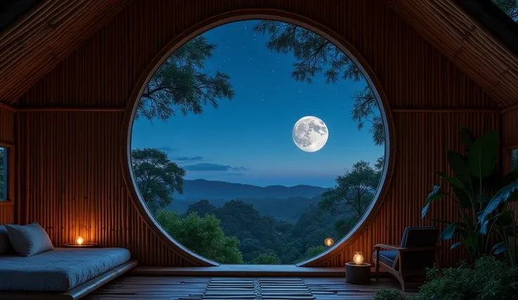 inside the bamboo house in the countryside ,  has a window overlooking a sky with a starry moon, night scene