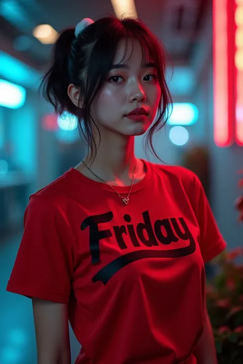 for the cinematic character of a beautiful Indonesian girl, curvy body, short shoulder length hair tied in a white ponytail, wearing a trendy colored t-shirt red with the writing "FRIDAY" in black and red, with a model pose, cyber aesthetic background, Bre...