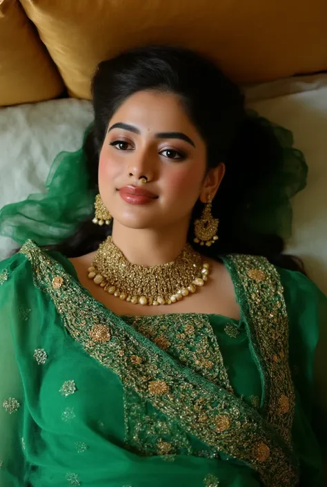 Beautiful Pakistani bride, white skin, wearing green, nose piercing, laying on bed 