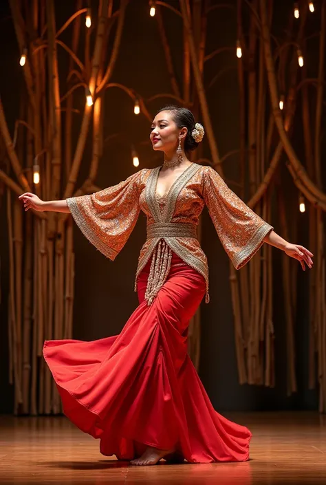  an elegant woman ,  dressed in a traditional terno with opulent , Beaded sleeves ,  dances on a stage in front of an ornate ,  illuminated by lights Bamboo background .  Her movements symbolize grace and the rich culture of the Philippines.

